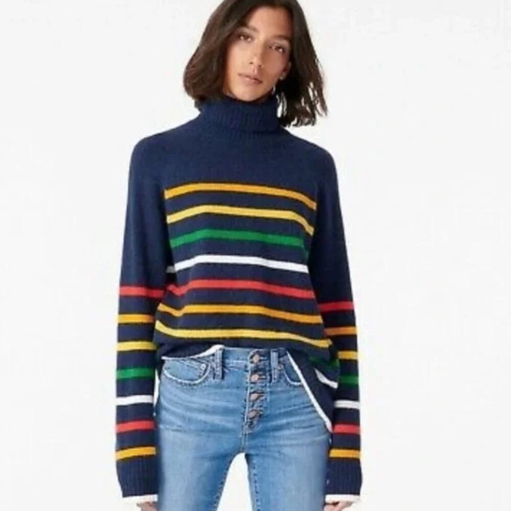 J. Crew XS‎ Rainbow Multistripe Supersoft Yarn Turtleneck Sweater Pride Cozy